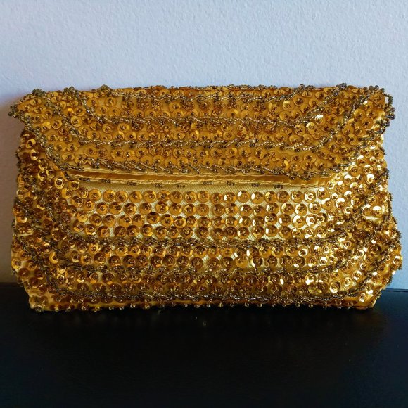 Vintage Yellow Gold Beaded Sequined Evening Accessory Clutch/Handbag/Purse - Picture 1 of 13